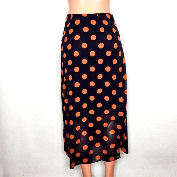 Maeve Anthropologie Oksana Midi Skirt Black Rust/Orange Polka Dots - Picture 4 of 8